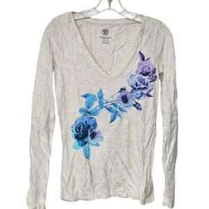 American Eagle T-Shirt Womens Size L Blue Floral Top Long‎ Sleeve Y2K